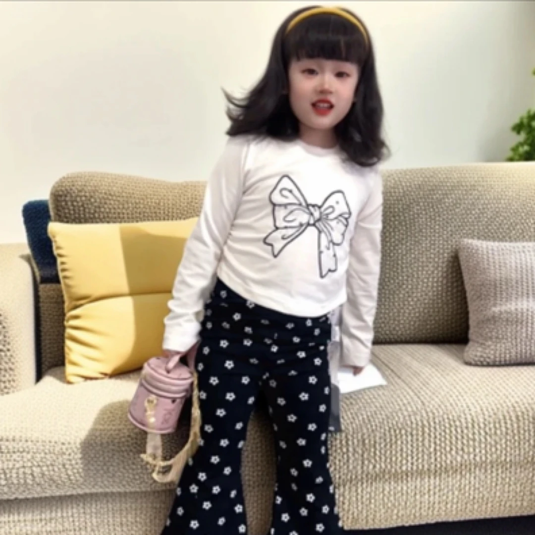 女童T恤2025春装新款儿童百搭蝴蝶结小女孩圆领上衣