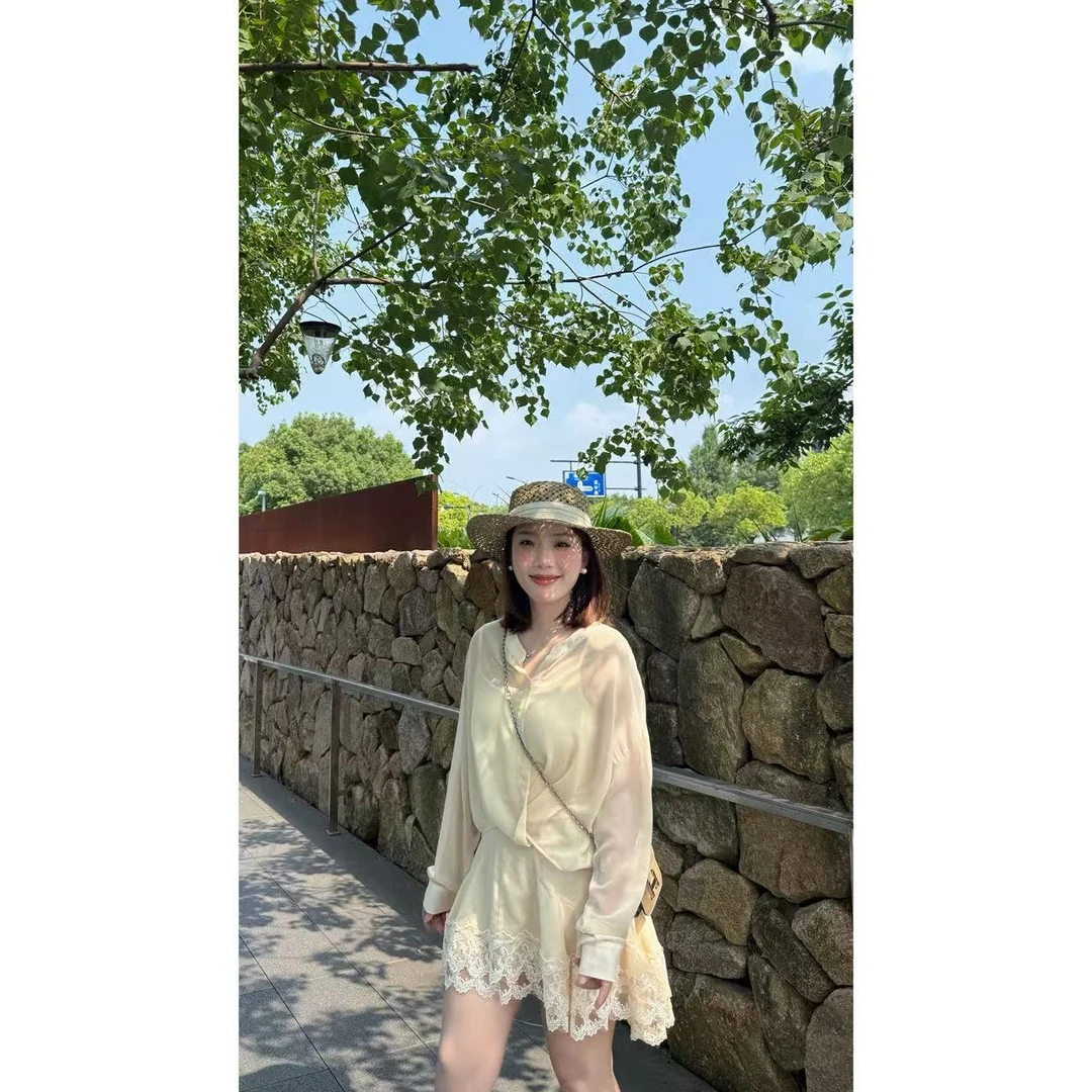 BOLUOBAO 优雅芍药 淡杏色雪纺不规则衬衫多片式拼接裙子两件套