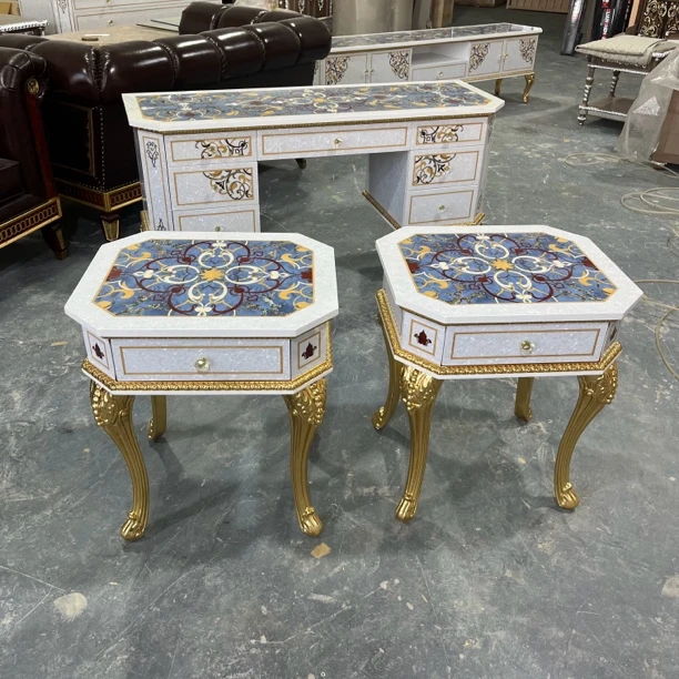 亚历山大法式奢华桃花心木蓝色木皮贝壳拼花沙发边几欧式方形角几