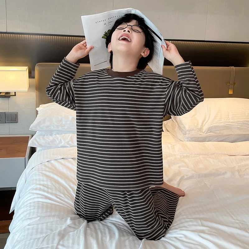 儿童睡衣春秋款男童德绒家居服套装2025新款中大童秋冬条纹空调服