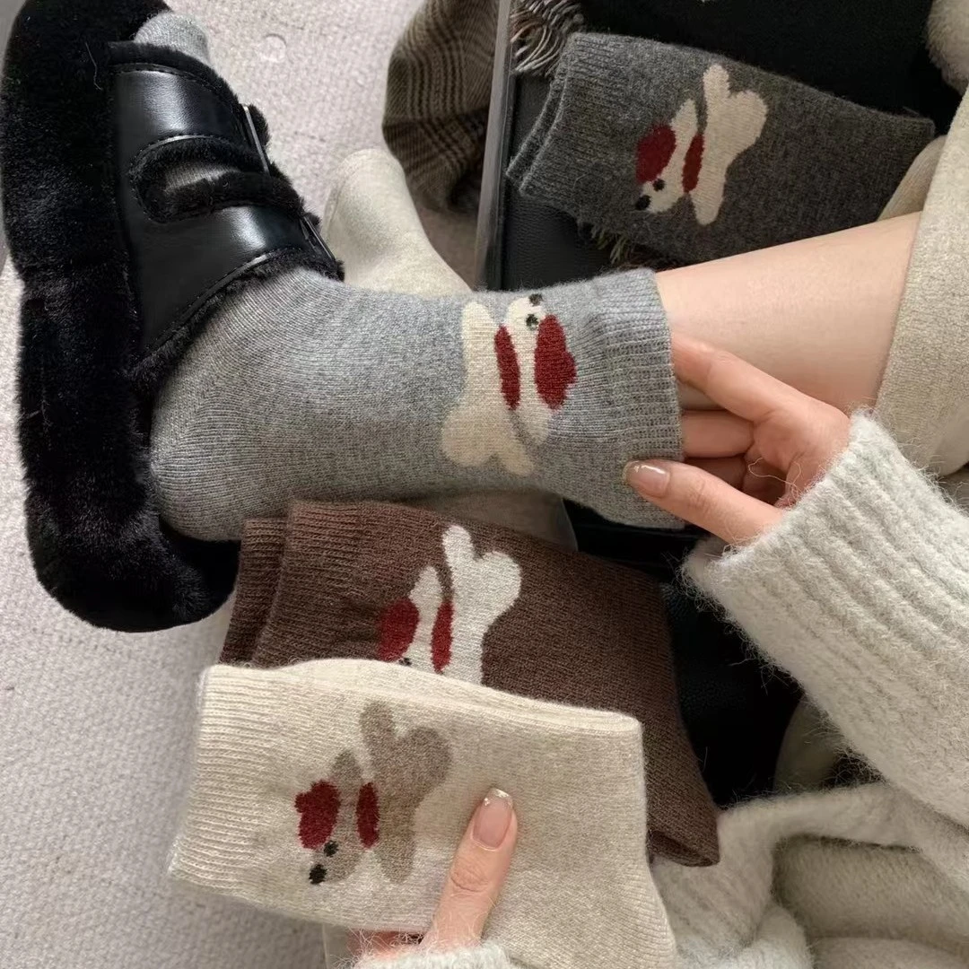 亲子羊毛袜无骨1-12岁成人秋冬加厚保暖可爱卡通围脖小狗中筒袜