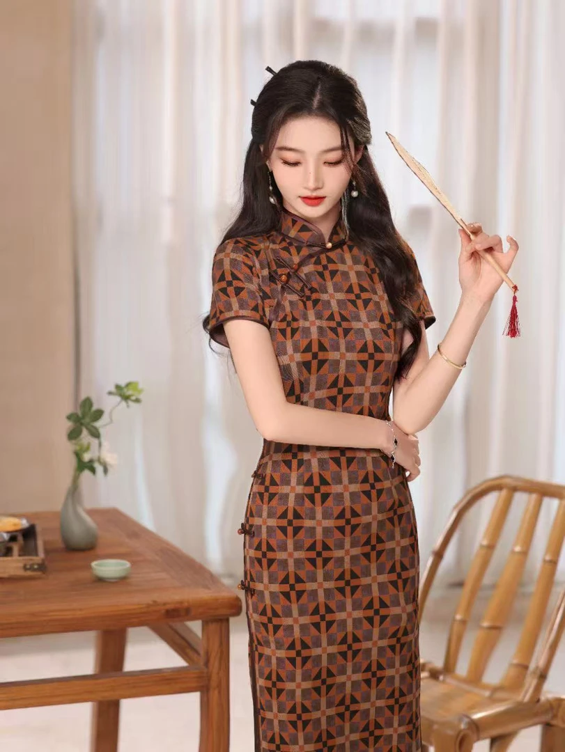 [1175]夏季绫罗缎双层中长款改良女装旗袍