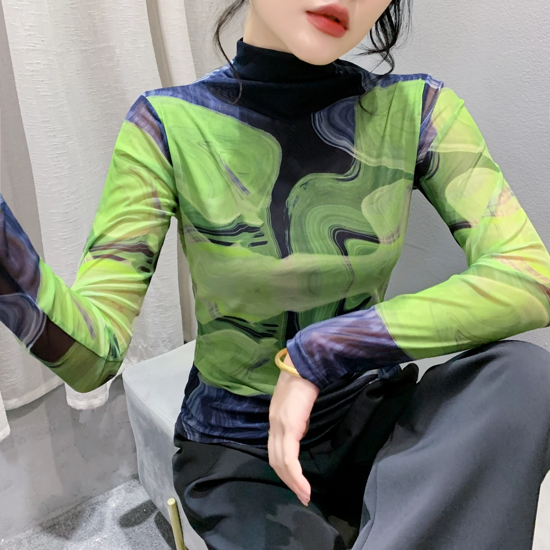 【自由鸟专属】网纱印花T恤女装2025新款弹力修身上衣时尚3031