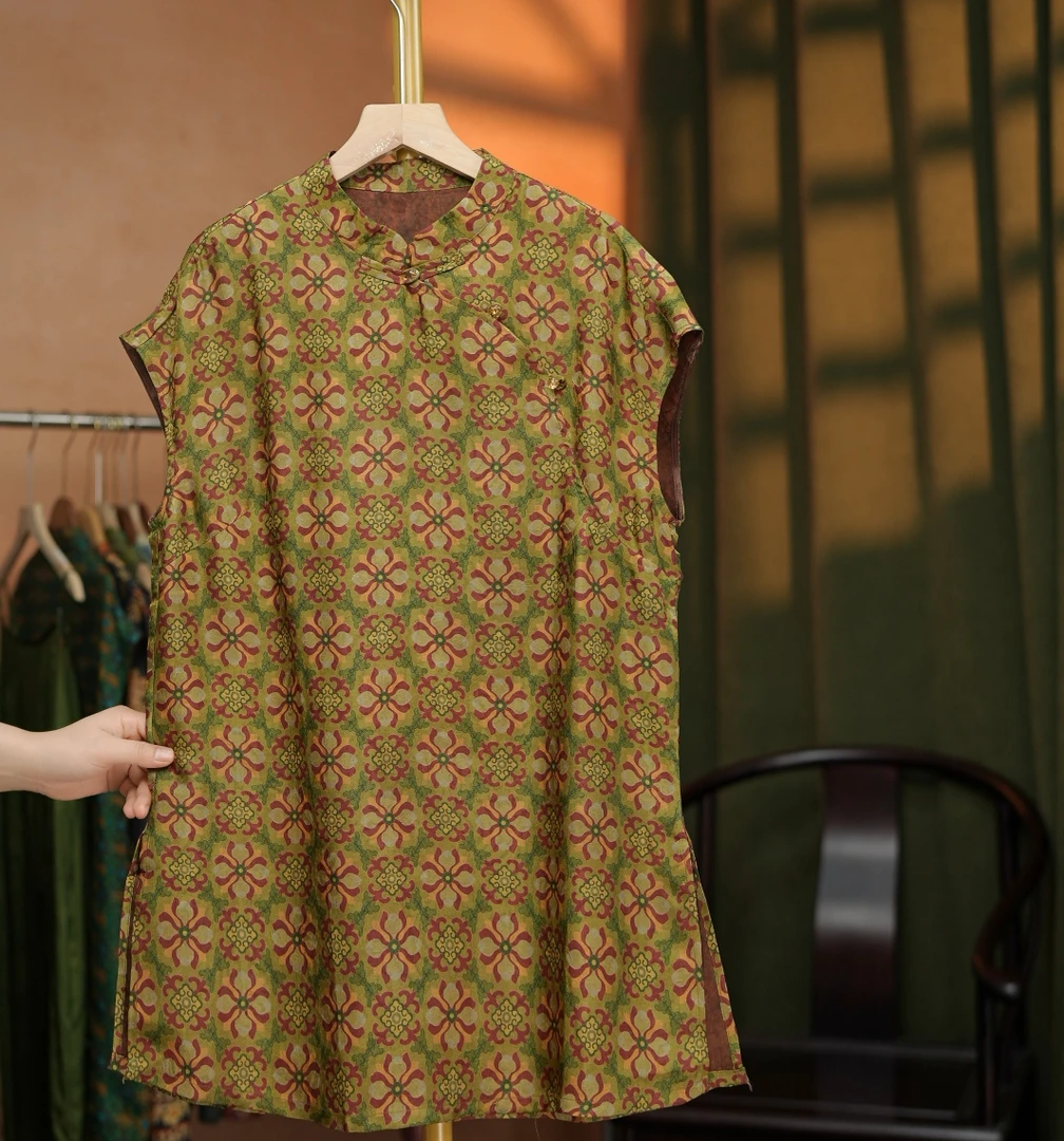 {珠香}网红显瘦上衣旗袍裙奥黛背心裙中长款无袖女士国风新款