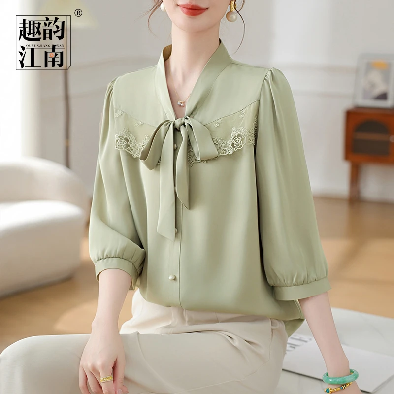 趣韵江南妈妈装春夏洋气蝴蝶结领上衣中老年女时尚优雅衬衫