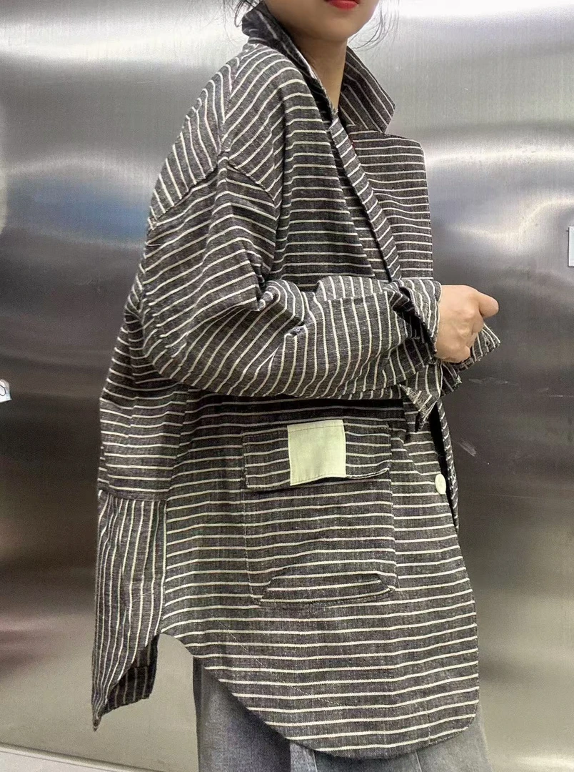 秋款麻棉横条条纹显瘦西装1402-1