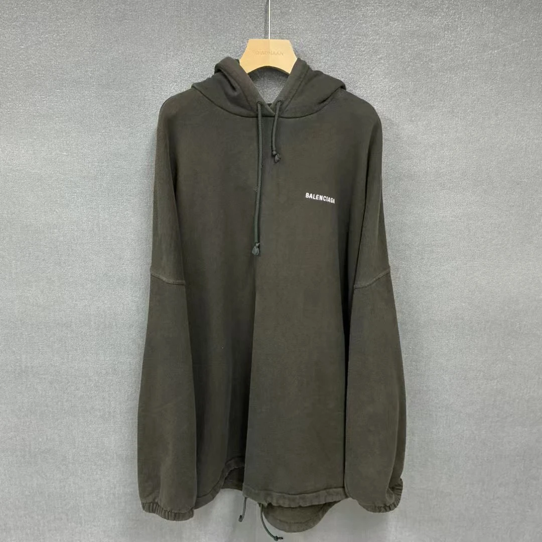 95新 Balenciaga/巴黎世家 胸前刺绣logo水洗做旧帽衫卫衣S码