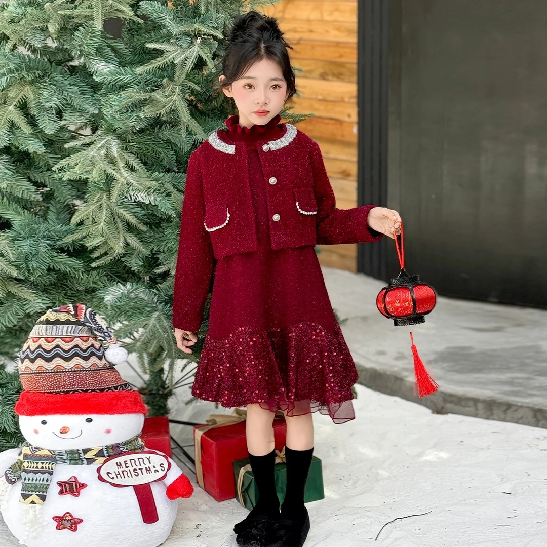 女童休闲秋冬款红色新年服加厚套装连衣裙小女孩洋气儿童冬装裙子