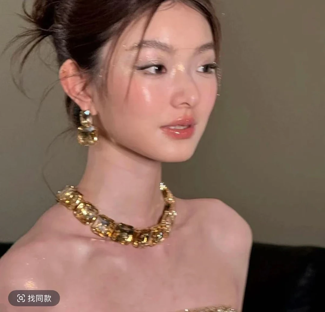 中古vintage水滴镶钻彩色项链复古高级感锁骨链轻奢宫廷风颈链女