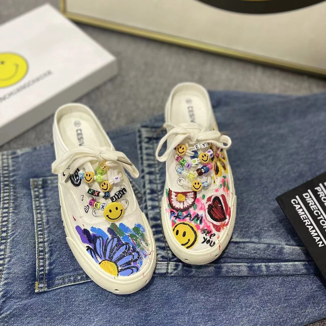 新款韩版女款原创手绘AB款帆布鞋拖包头拖个性潮鞋经典百搭款