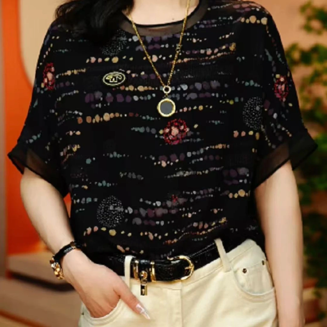 【碎花点】2025夏新款落肩袖带标志显瘦宽松时尚印花减龄女短袖8932