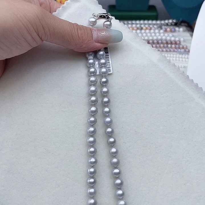 淡水珍珠银S925镶嵌颈饰卡8-9高级灰高品
