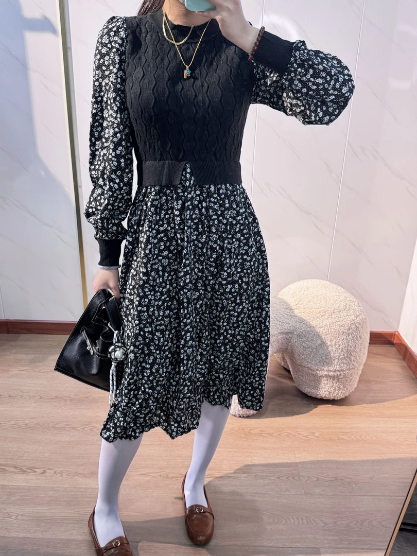春季长袖黑色波点蕾丝时尚碎花拼接连衣裙五一旅游出街衣服