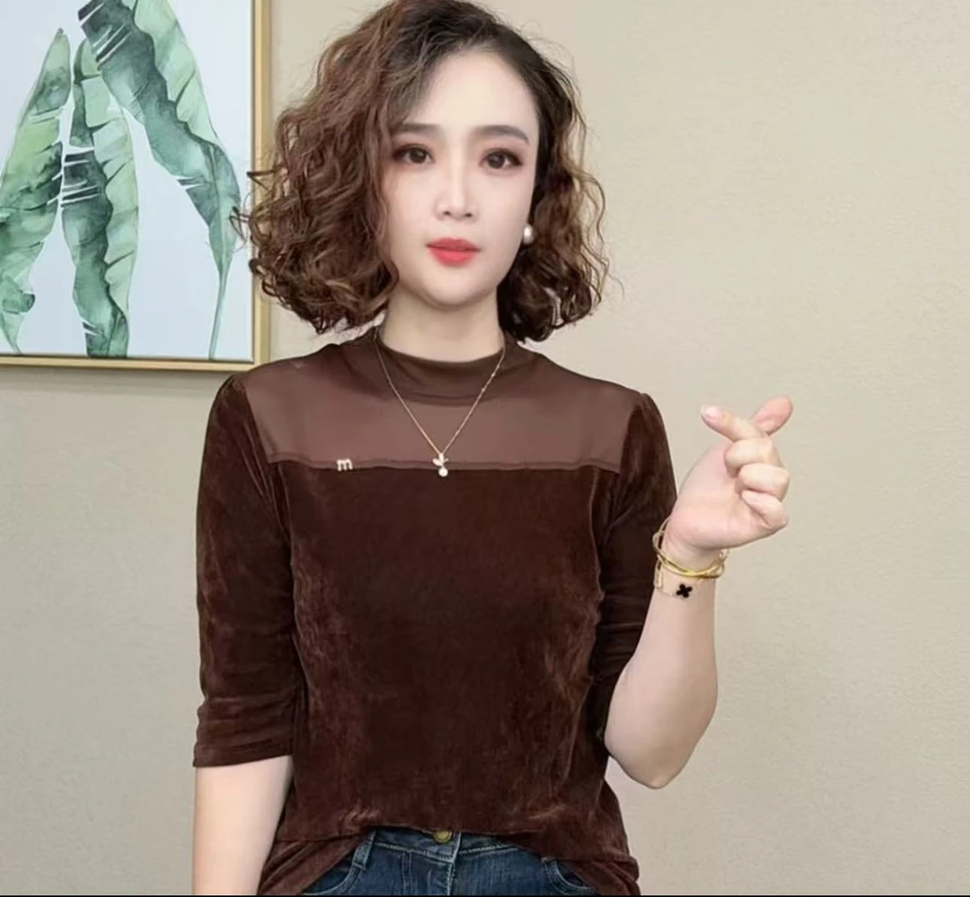 2020新款时尚气质减龄显瘦百搭中袖女圆领纯色上衣#28870