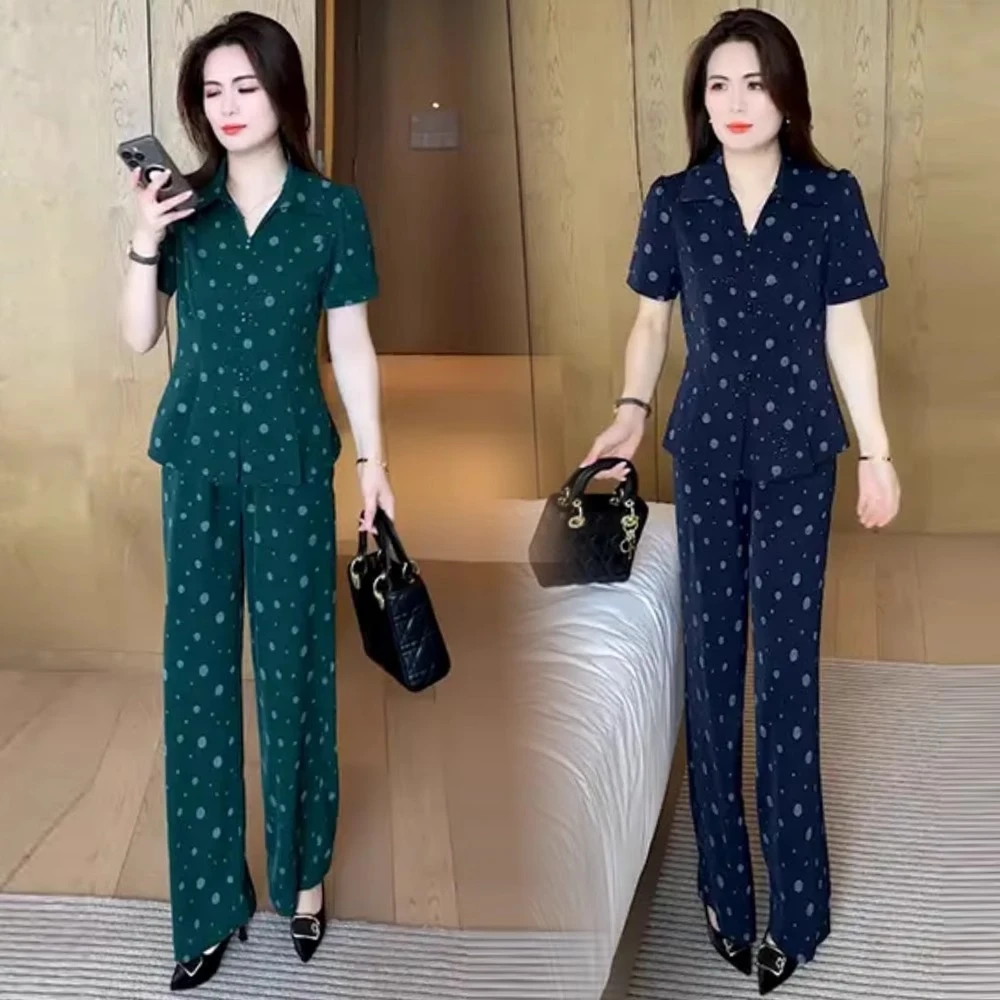 时尚套装女2025夏季新款洋气质减龄收腰波点短袖衬衫阔腿裤妈妈装