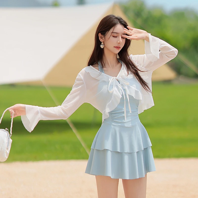 连体泳衣显瘦气质长袖时尚夏季遮肚保守裙式白色短款女士游泳韩版