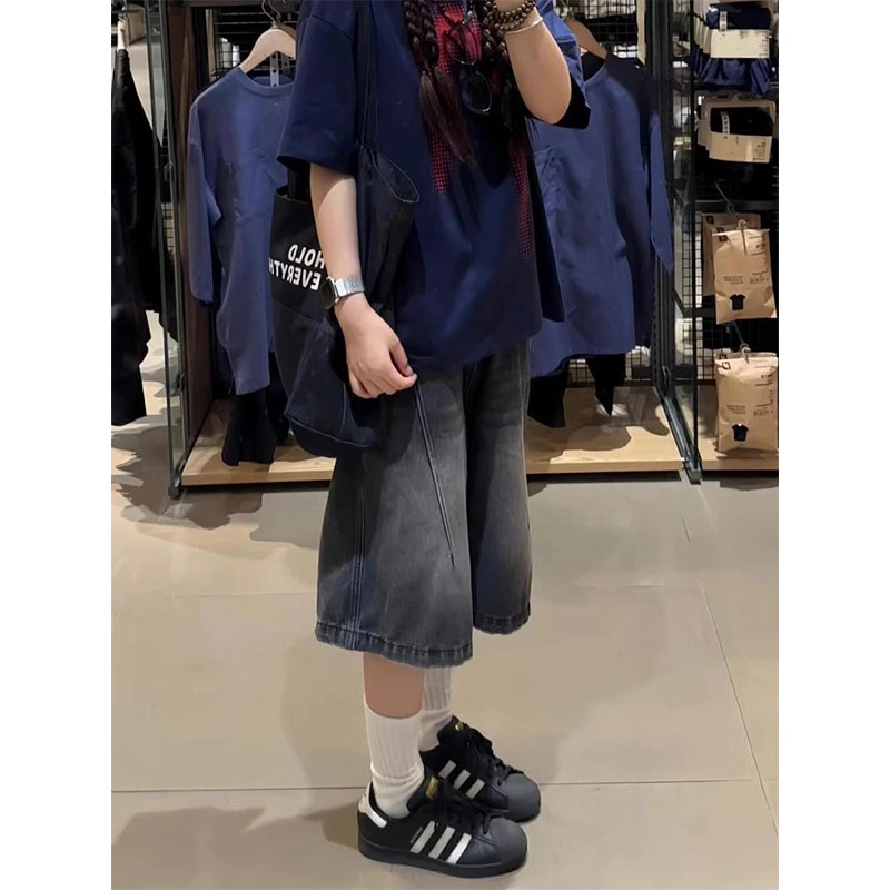 大码美式复古黑灰色七分牛仔短裤女夏季胖mm高腰宽松阔腿直筒中裤