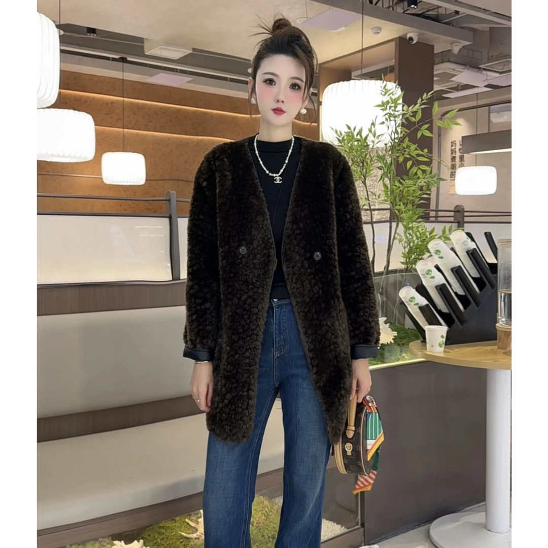 北极系两面穿冬季V领保暖加厚皮衣外套女宽松中长款气质时尚休闲