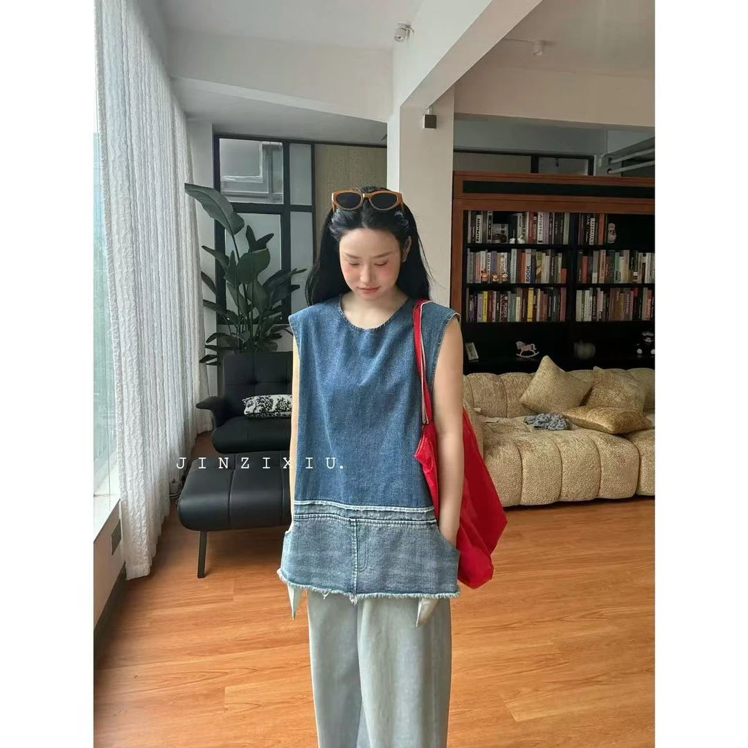 【JINZIXIU】• 明洞 • 秀自留款夏新款重工拼接牛仔无袖背心