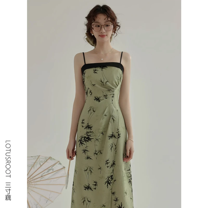 【三寸藕】新中式改良绿色吊带碎花连衣裙搭配开衫2025超火春装398