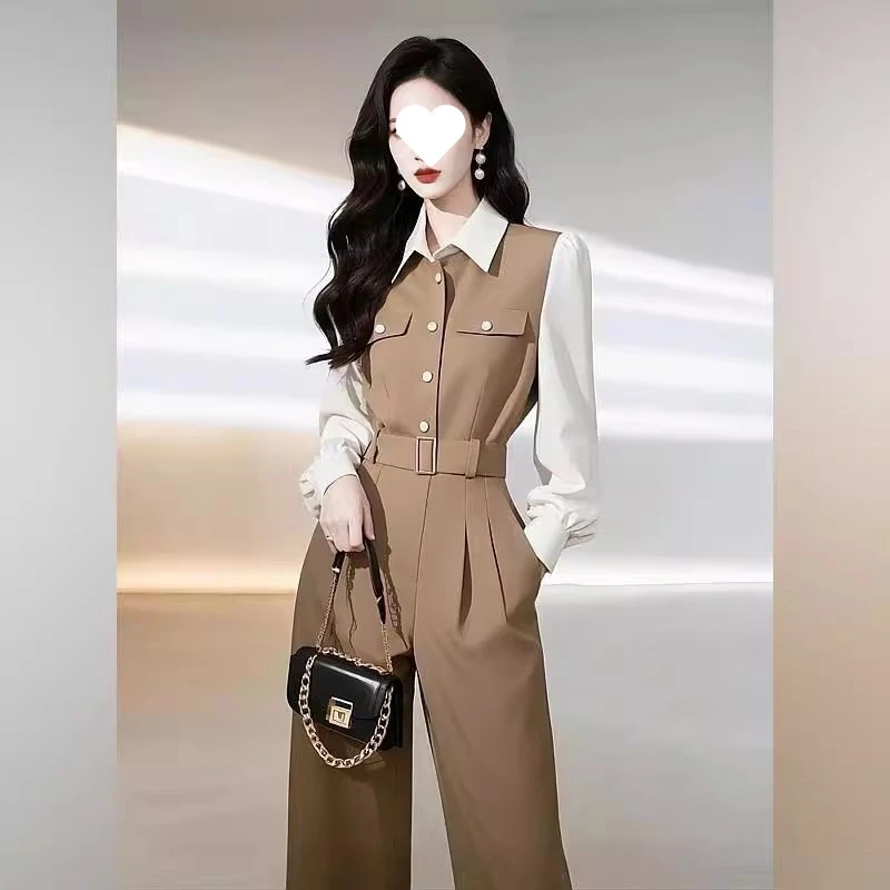 卡其色连体裤2025春装新款网红爆款大方得体独特气质女神范连衣裤