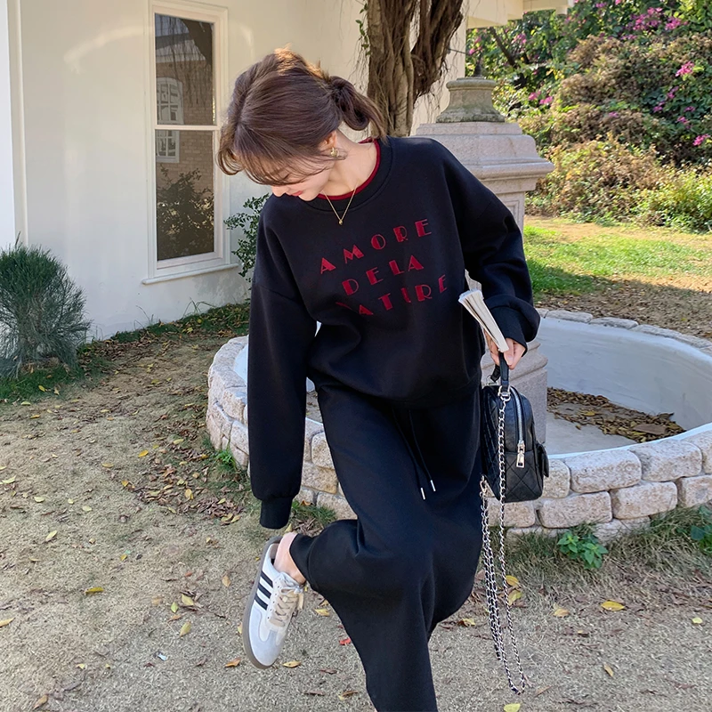 黑色字母印花卫衣套装裙女2025春韩系慵懒风宽松休闲半身裙两件套