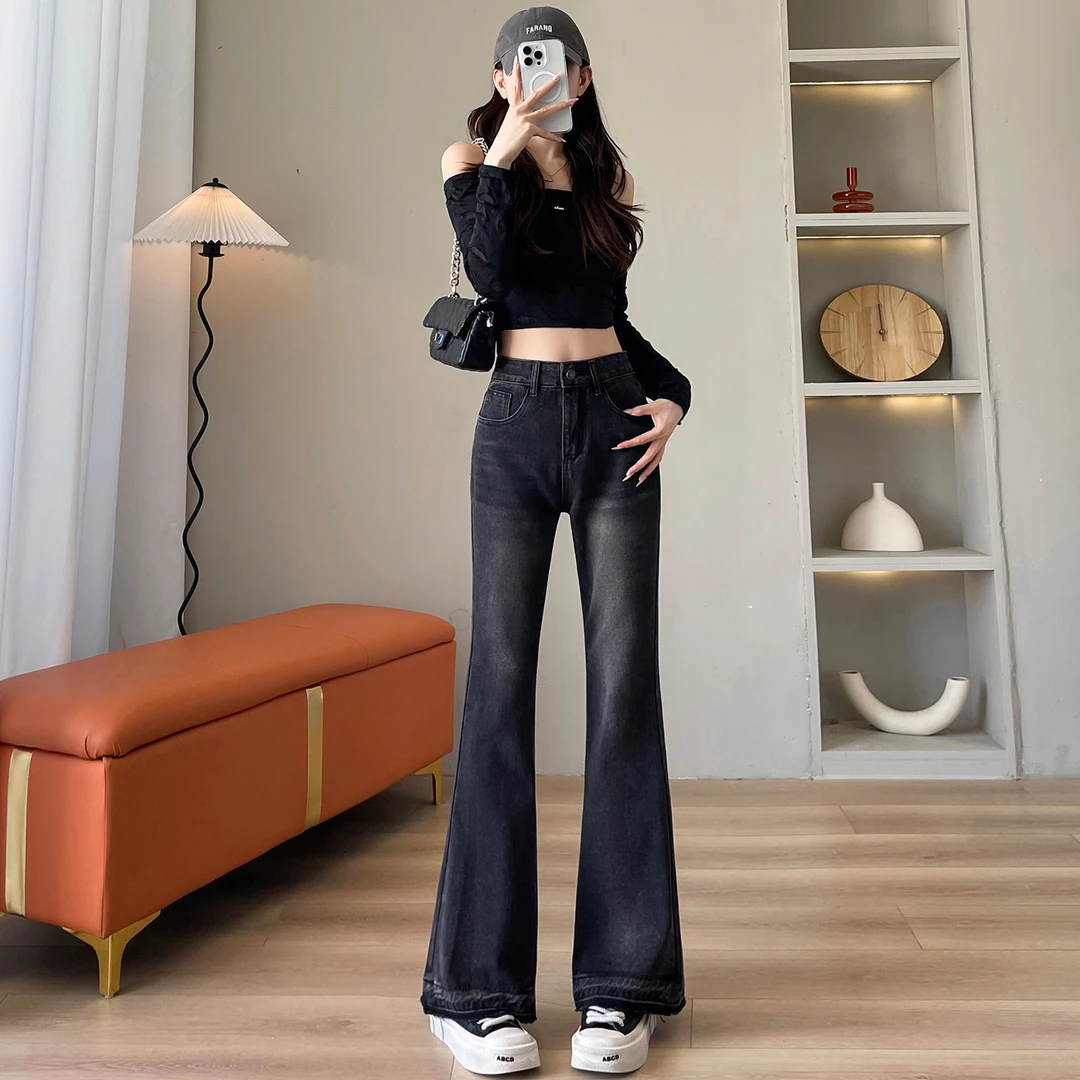 矮小个子复古黑色喇叭牛仔裤女2025新款高腰显瘦直筒微喇裤子初秋