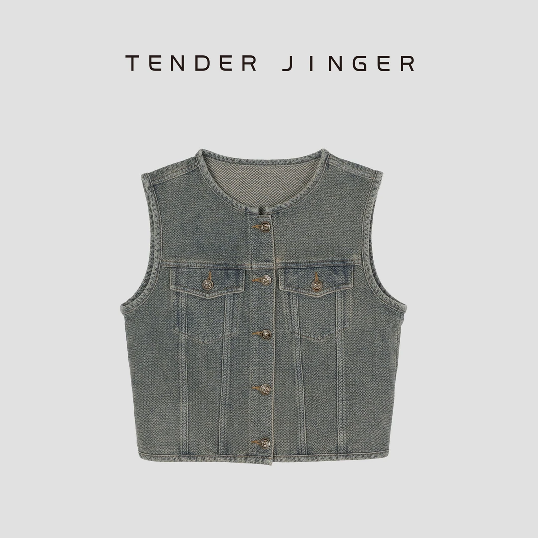 Tender Jinger【黑标】麦穗纹复古橄榄绿牛仔马甲T51RM135R
