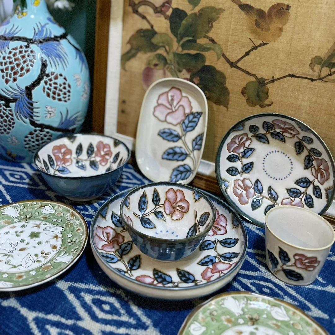 日式居家实用玫瑰/兔子图案陶瓷碗盘杯碟 饭碗 餐盘 杯子