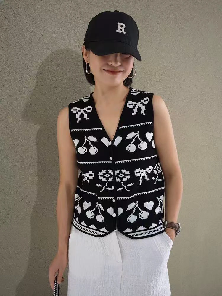 波西米亚+嬉皮士混搭风 时髦针织背心 樱桃提花女款黑色马甲2059