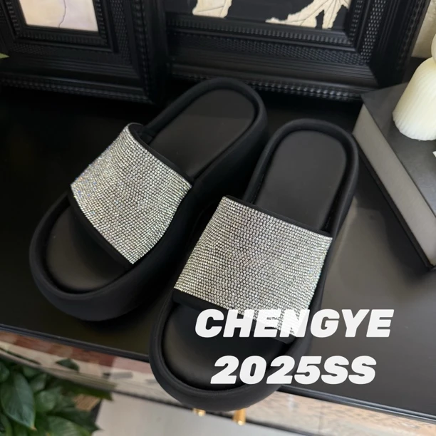 【CHENGYE】7cm-法式钻面高跟2025新款舒适百搭懒人鞋一脚蹬