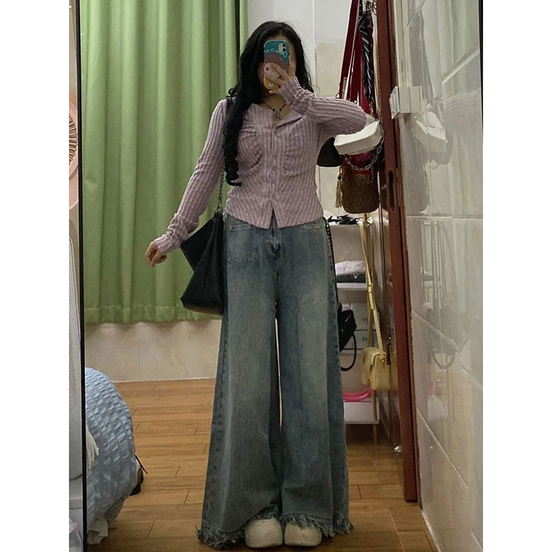 特大码复古流苏阔腿牛仔裤女夏季新款胖mm宽松显瘦梨形身材直筒裤