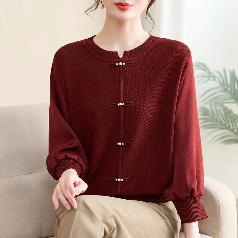 针织毛衣新中式2025新款宽松针织洋气中年妈妈打底衫百搭圆领上衣