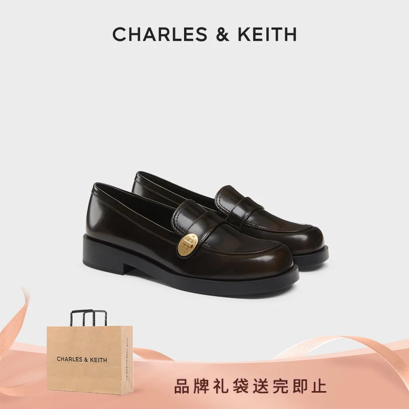 CHARLES & KEITH【琥珀流光】金属扣粗跟乐福鞋小皮鞋CK1-70920143
