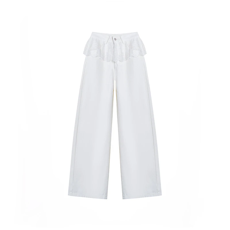 【白天鹅】高腰蕾丝拼接减龄百搭阔腿牛仔裤A2896