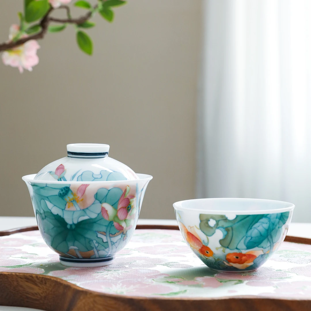 官润窑纯手工手绘陶瓷元宝盖碗釉下彩泡功夫茶杯碗荷花品茗主人杯