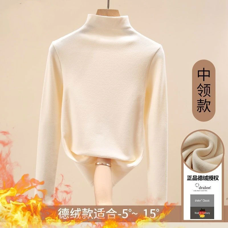 双面德绒春秋半高领打底衫女冬内搭加绒加厚女士保暖衣洋气