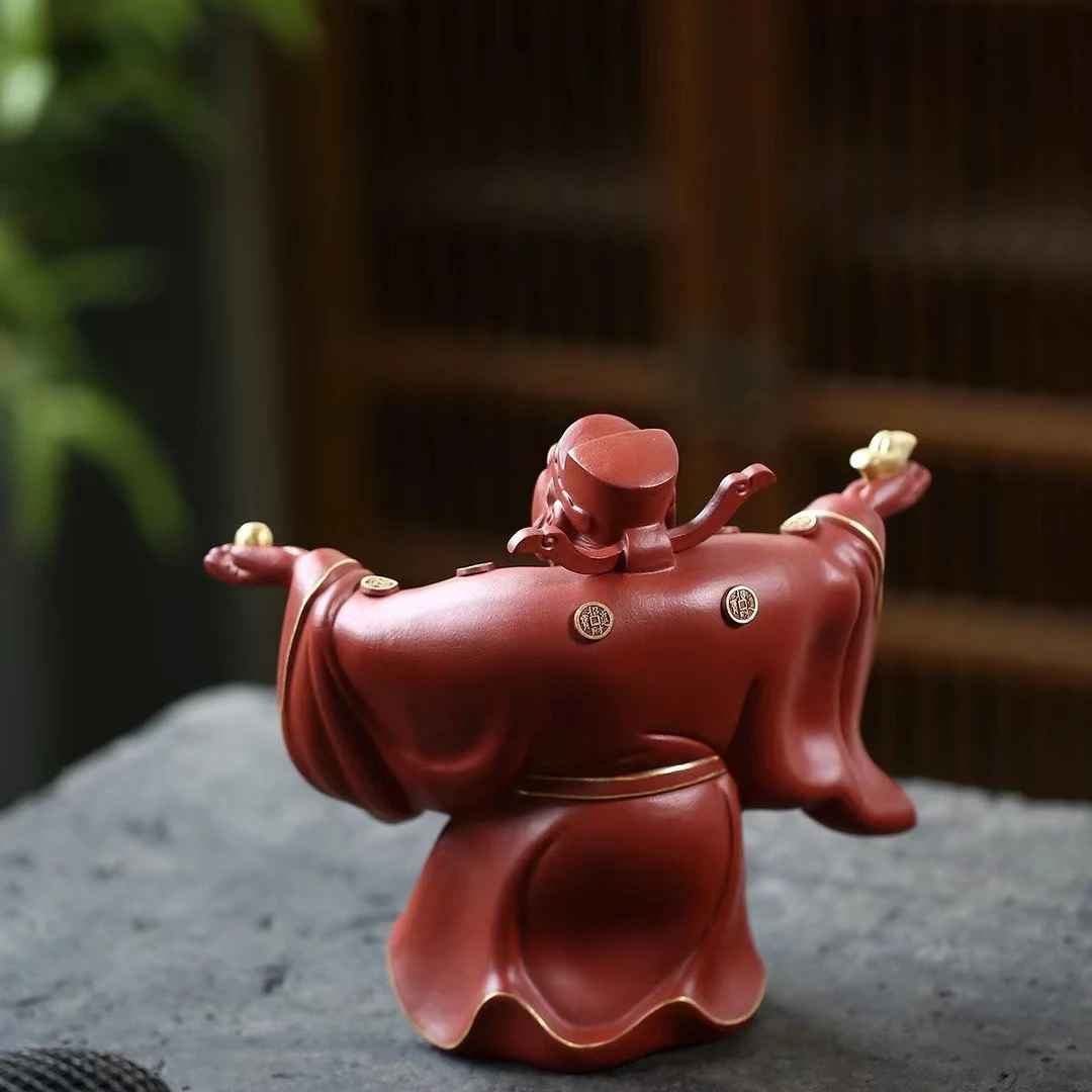 宜兴紫砂朱泥描金财神 高度17厘米
