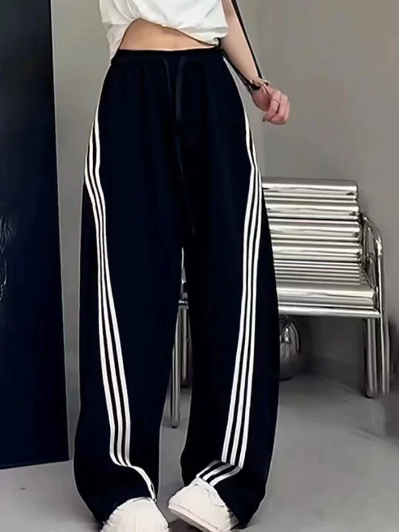 系带侧边条纹运动风休闲长裤