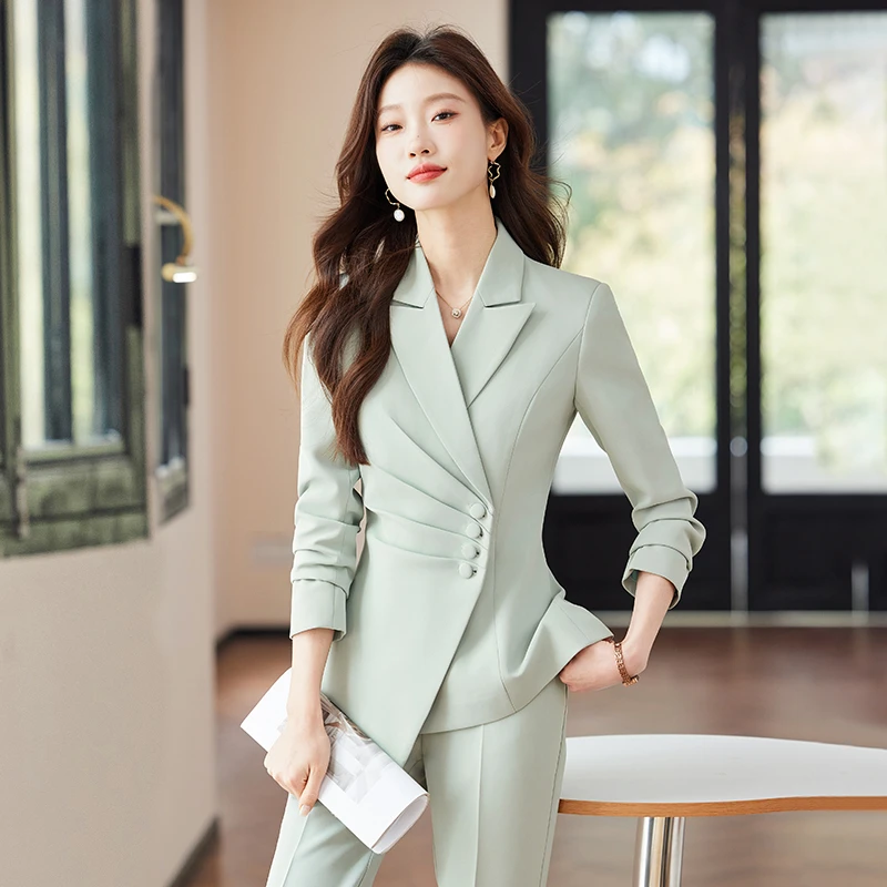 绿色西装套装女职业装气质女神范播音主持艺考正装高端经理工作服