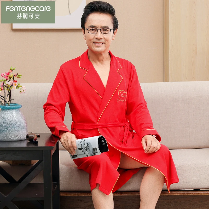 芬腾可安春秋季浴袍红色纯棉男士长袖大码睡袍休闲中老年睡衣本命