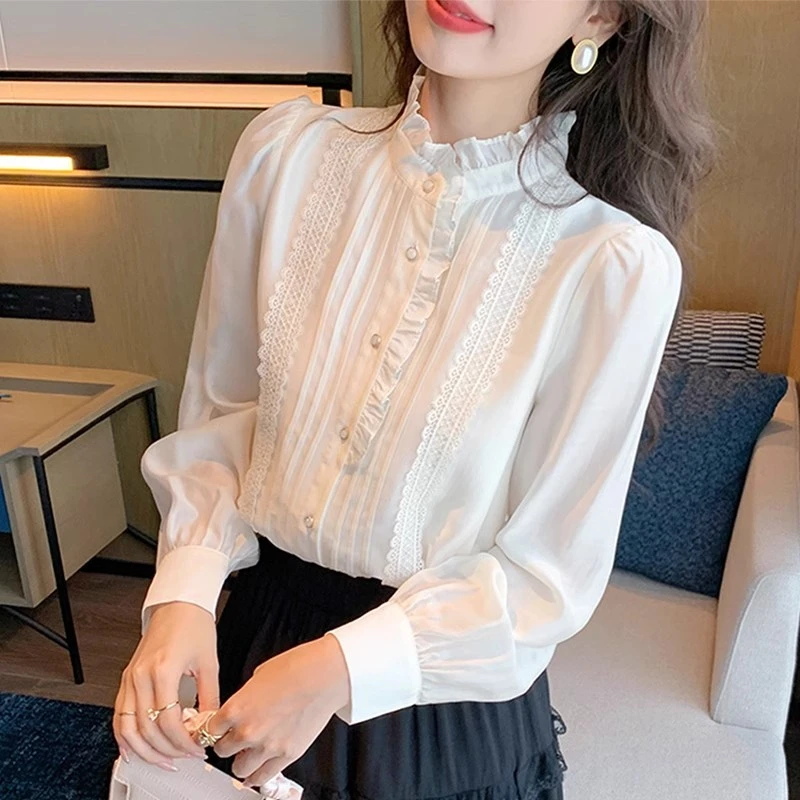 法式高级感木耳边长袖雪纺衬衫女2025早春季新款别致减龄气质上衣