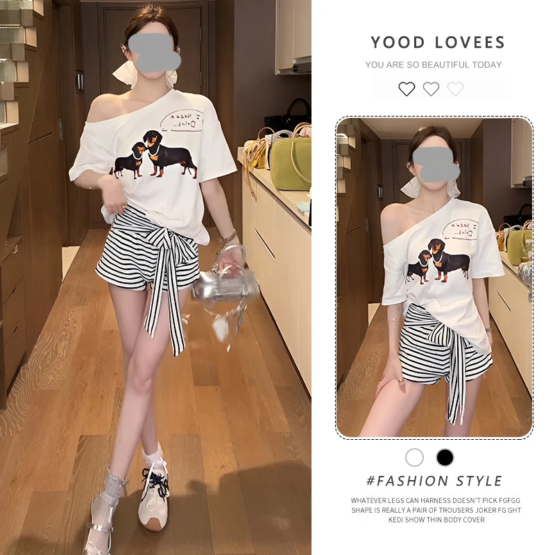韩版休闲白色斜肩长袖T恤上衣女2025夏季运动风条纹短裤两件套装