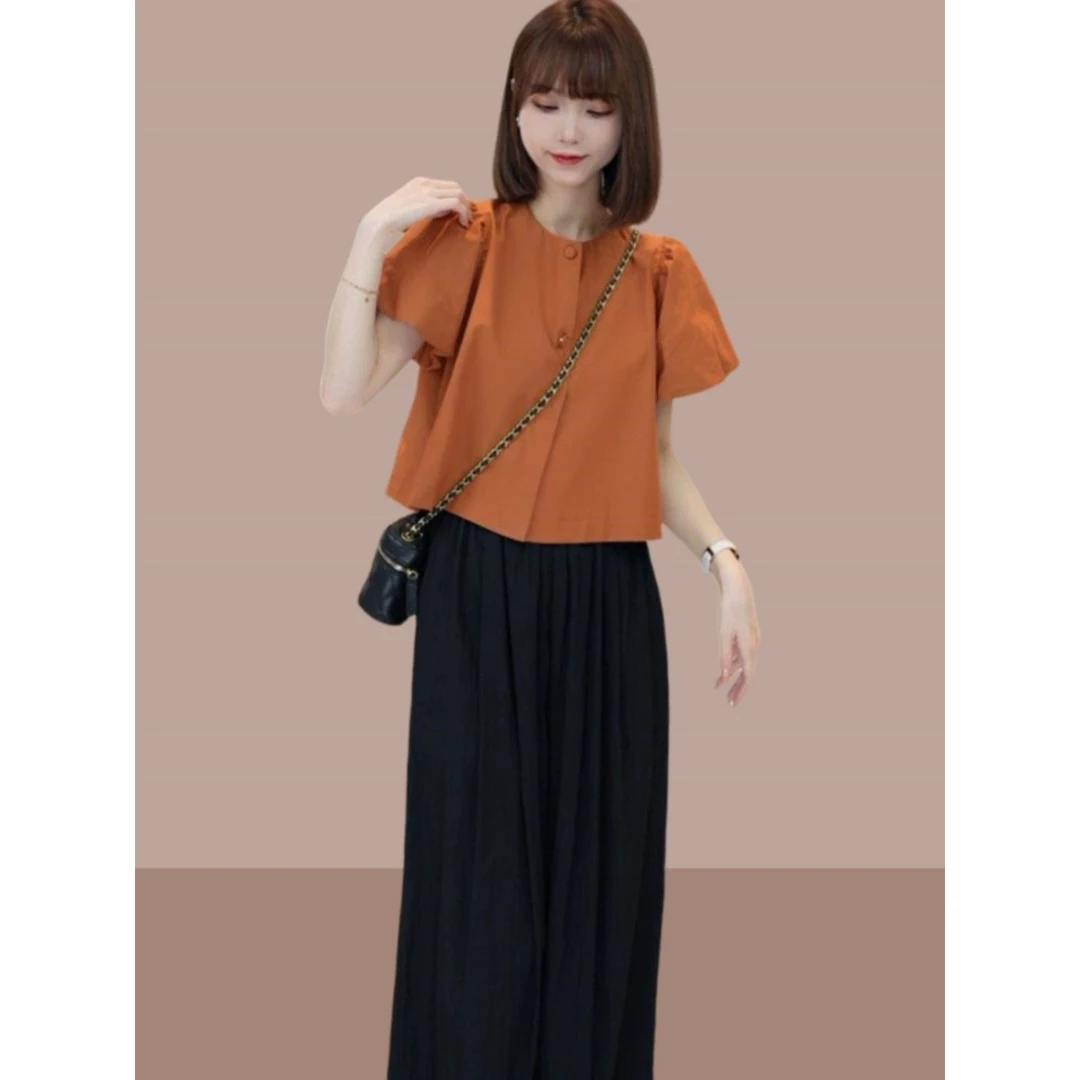 2025夏季新款女士法式泡泡袖衬衫气质显瘦短袖上衣港风别致衬衣服