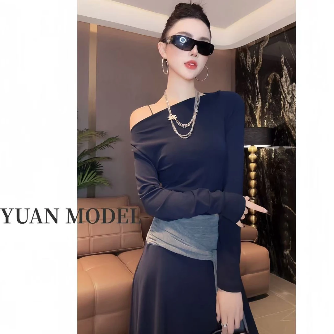 YUAN MODEL/媛老板-【缪斯女神】一字肩长袖T恤半身裙女套装083058
