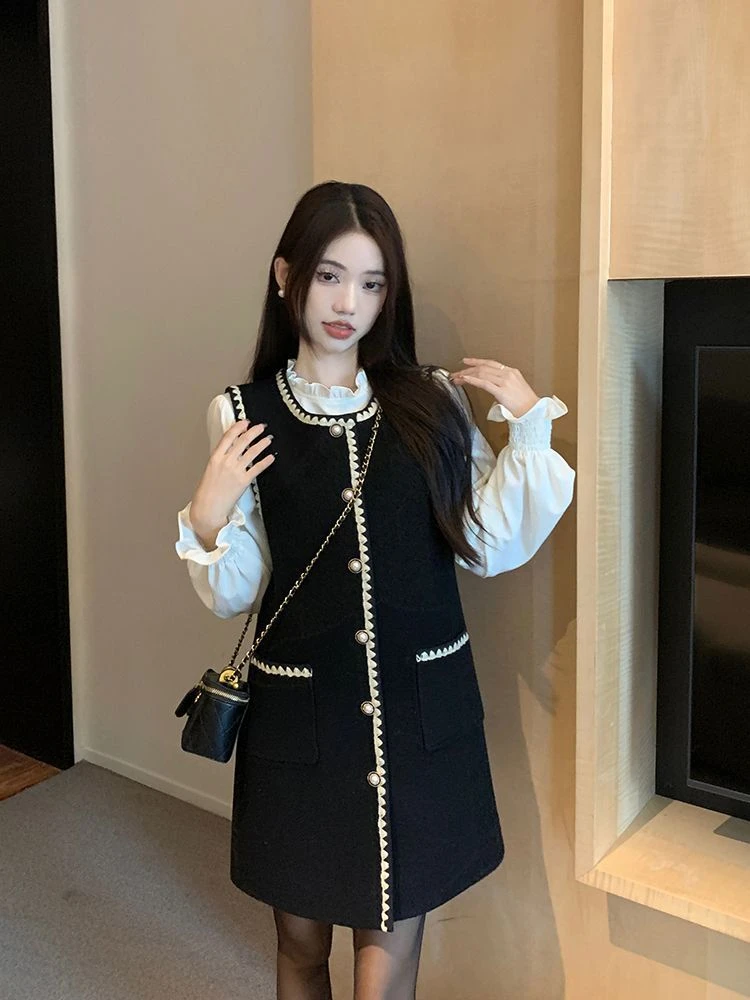 千金小香风背心连衣裙两件套女春季法式高级感黑色花边显瘦短裙子