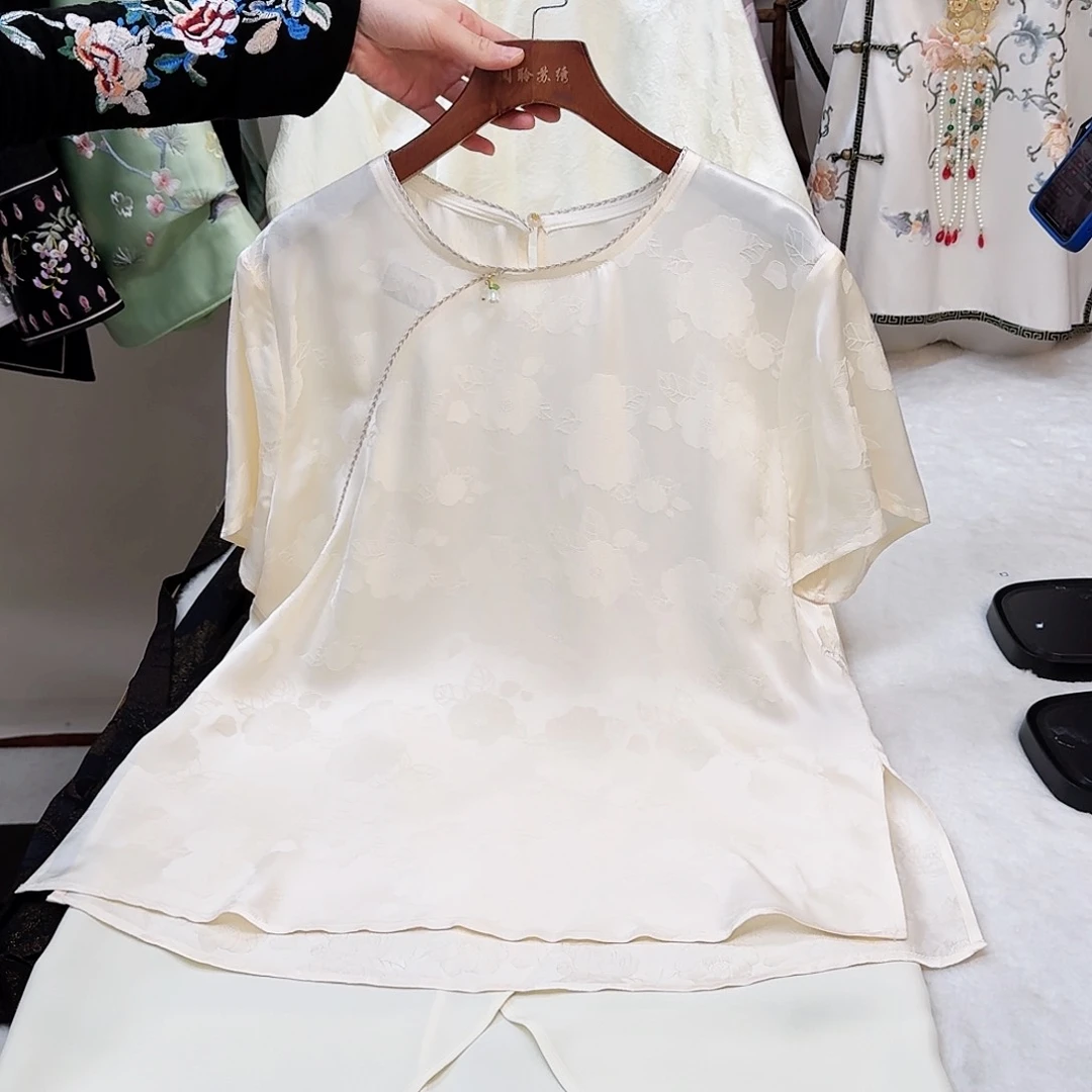 刺绣真丝米白色短袖 分码