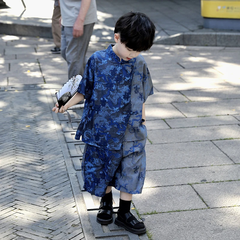 【现货】Jimmy妈童装 云霁天青 夏季儿童拼接腾龙图新中式国风套装