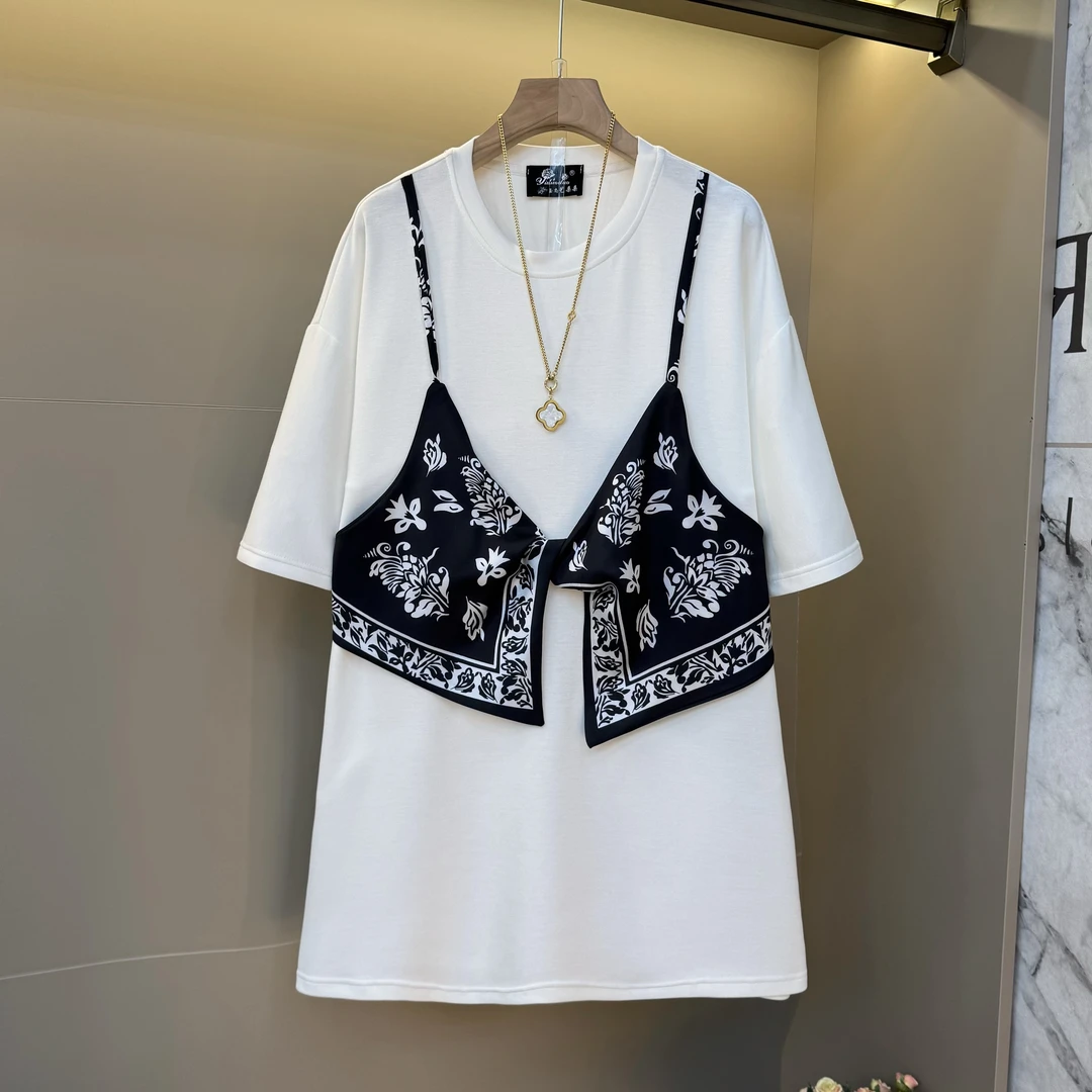 欧货时尚复古设计感假两件撞色蝴蝶结拼接t恤百搭显瘦上衣85111