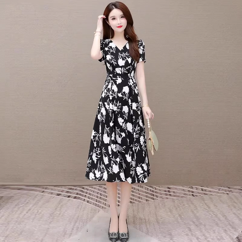 深圳南油高档雪纺碎花裙子女春夏收腰显瘦气质连衣裙洋气时髦品牌